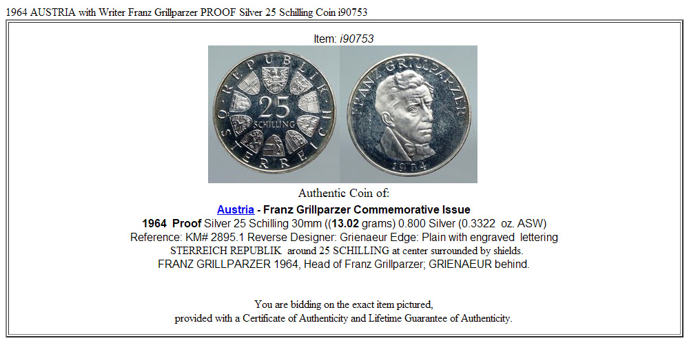 1964 AUSTRIA with Writer Franz Grillparzer PROOF Silver 25 Schilling Coin i90753