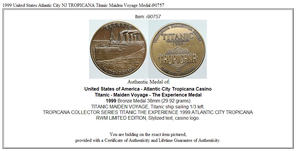 1999 United States Atlantic City NJ TROPICANA Titanic Maiden Voyage Medal i90757