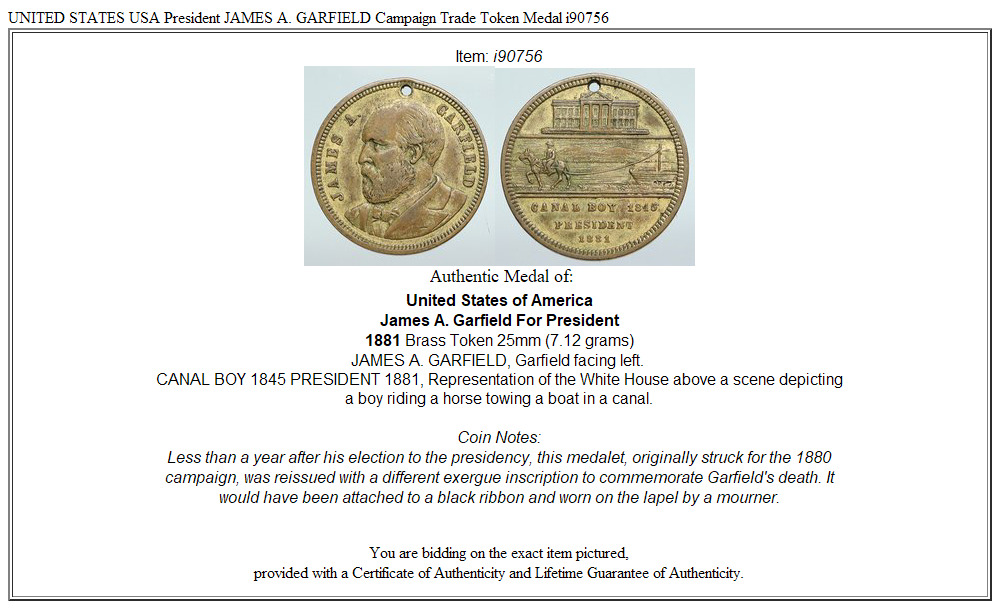 UNITED STATES USA President JAMES A. GARFIELD Campaign Trade Token Medal i90756