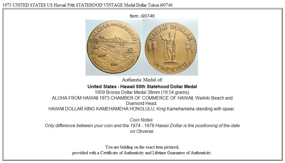 1973 UNITED STATES US Hawaii 50th STATEHOOD VINTAGE Medal Dollar Token i90746