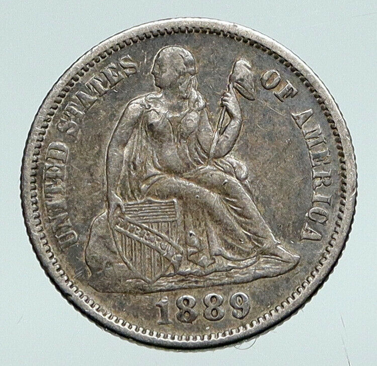 1889 UNITED STATES US Silver SEATED LIBERTY Vintage Antique OLD Dime Coin i90734