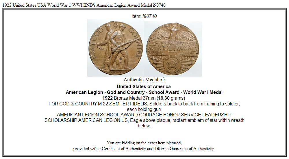 1922 United States USA World War 1 WWI ENDS American Legion Award Medal i90740