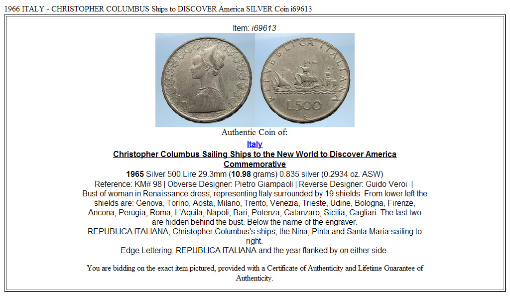 1965 ITALY - CHRISTOPHER COLUMBUS Ships to DISCOVER America SILVER Coin i69613