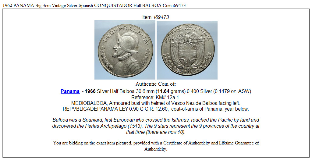 1966 PANAMA Big 3cm Vintage Silver Spanish CONQUISTADOR Half BALBOA Coin i69473