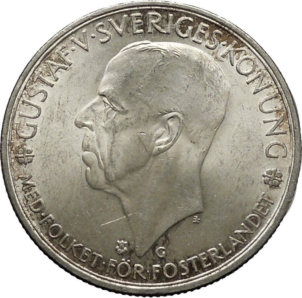 1935 King GUSTAF V of Sweden Large Quality Old Silver Coin 5 Kronor i45012