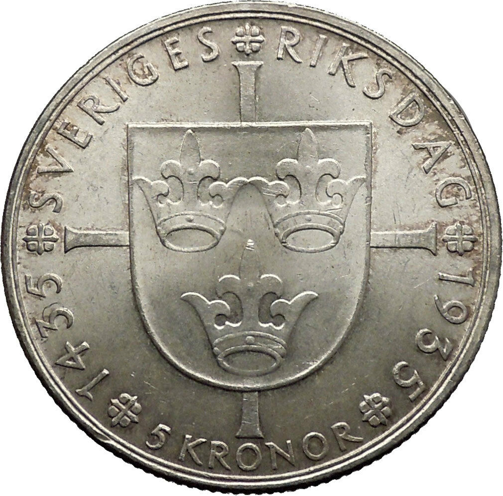 1935 King GUSTAF V of Sweden Large Quality Old Silver Coin 5 Kronor i45012