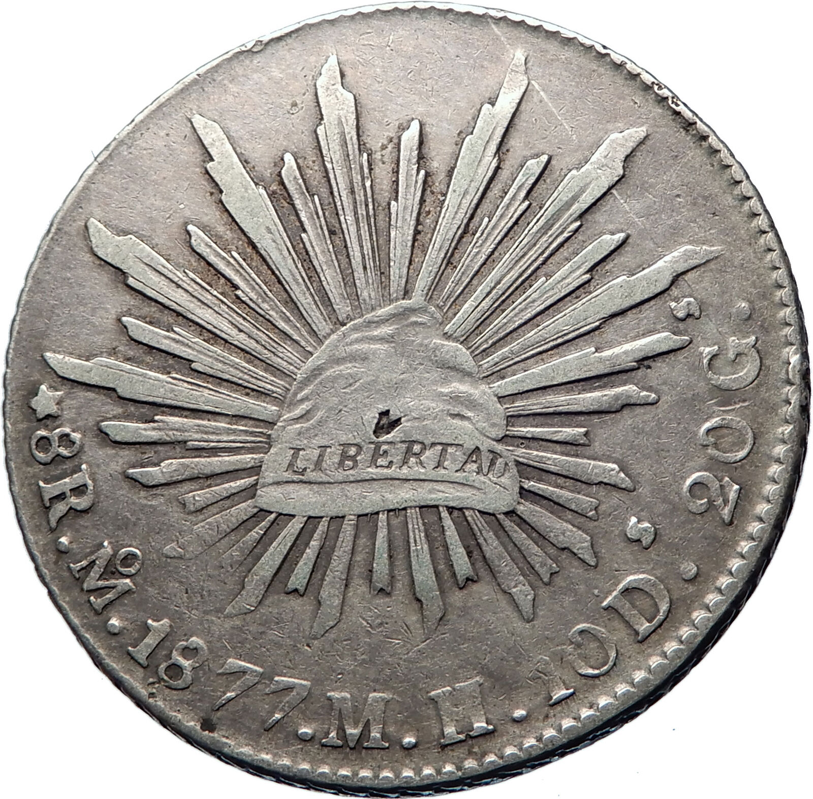 1877 Mo MH MEXICO Large Eagle Sun Antique Mexican Silver 8 Reales Coin i73854