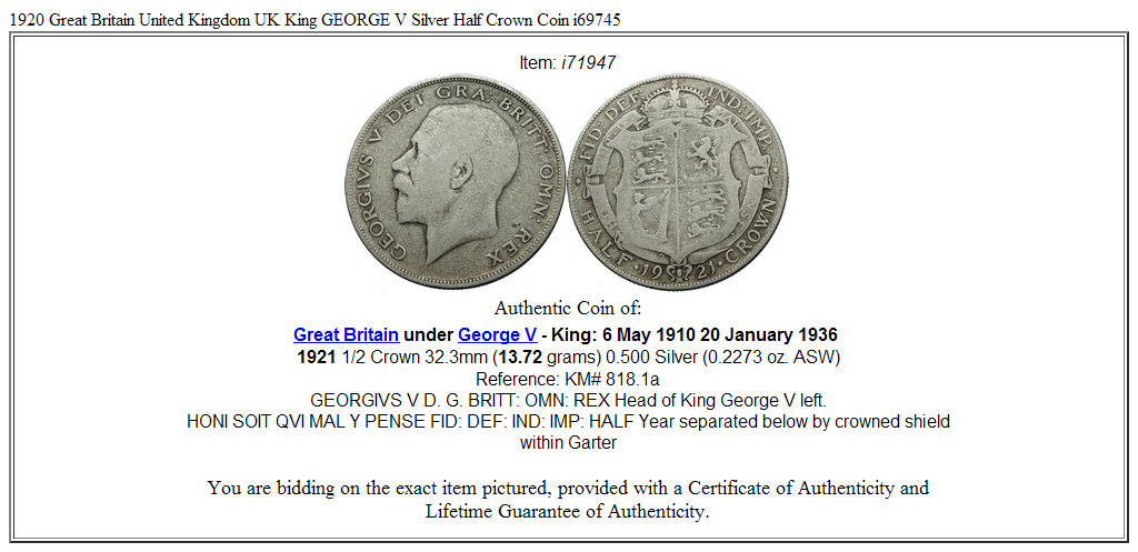 1920 Great Britain United Kingdom UK King GEORGE V Silver Half Crown Coin i71947