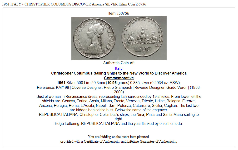 1961 ITALY - CHRISTOPHER COLUMBUS DISCOVER America SILVER Italian Coin i56736