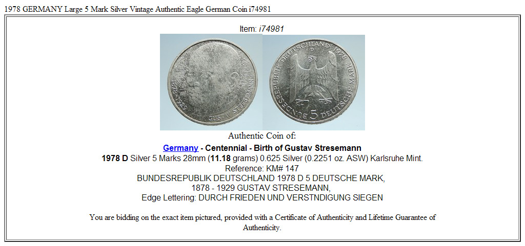 1978 GERMANY Gustav Stresemann Genuine Proof Silver German 5 Mark Coin i74981