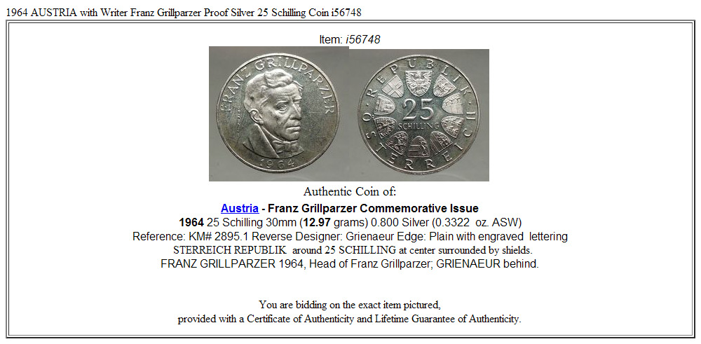 1964 AUSTRIA with Writer Franz Grillparzer Proof Silver 25 Schilling Coin i56748