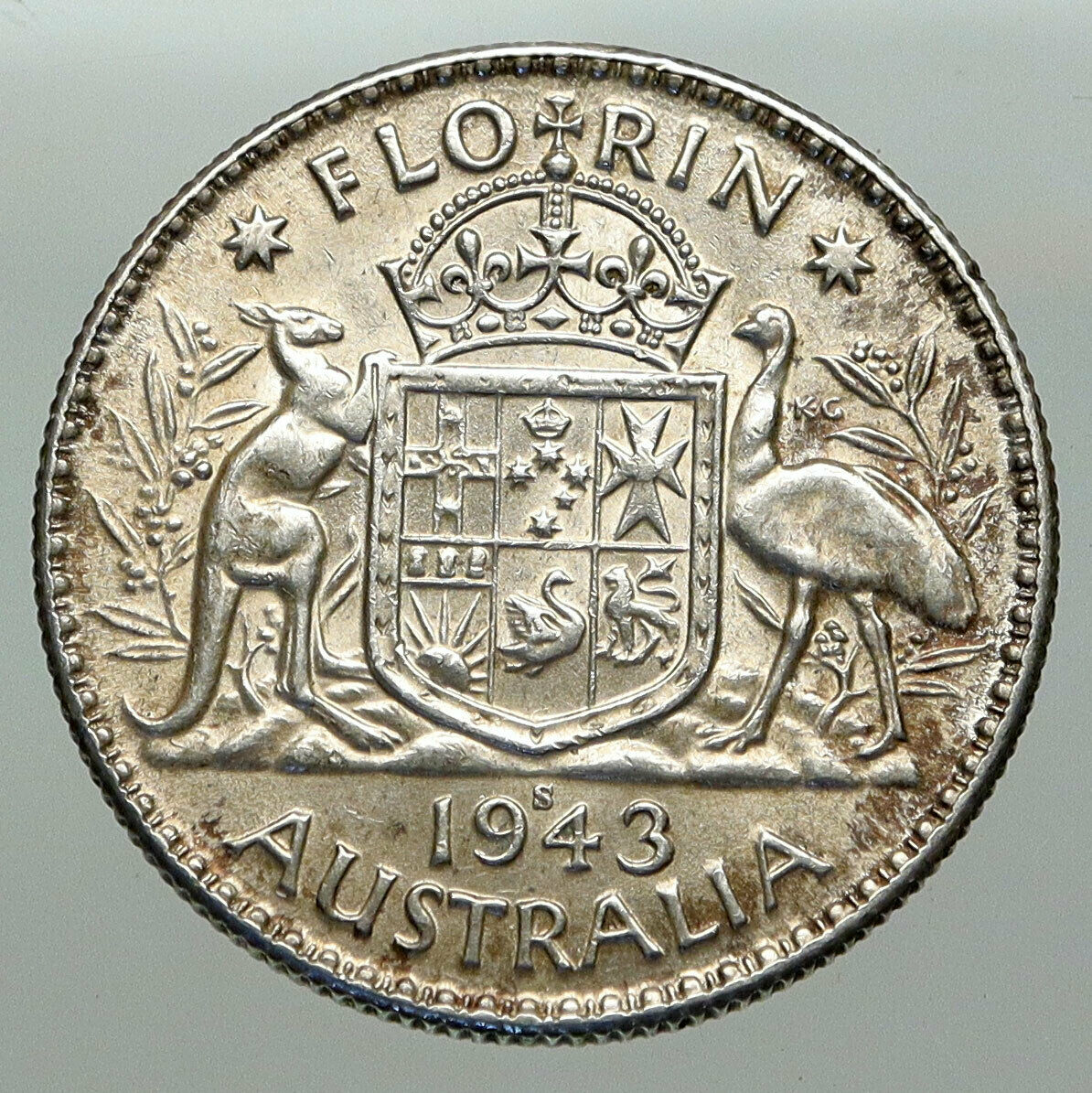 1943 AUSTRALIA Large King George VI Kangaroos Antique Silver Florin Coin i85084