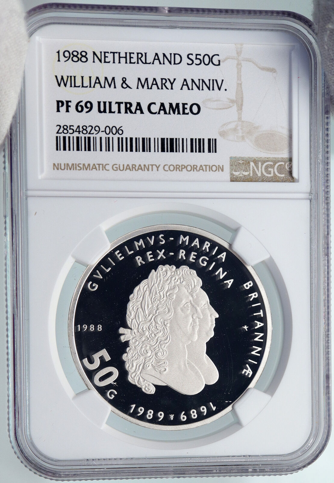 1988 NETHERLANDS Queen Beatrix WILLIAM & MARY Proof Silver 50 G Coin NGC i89321