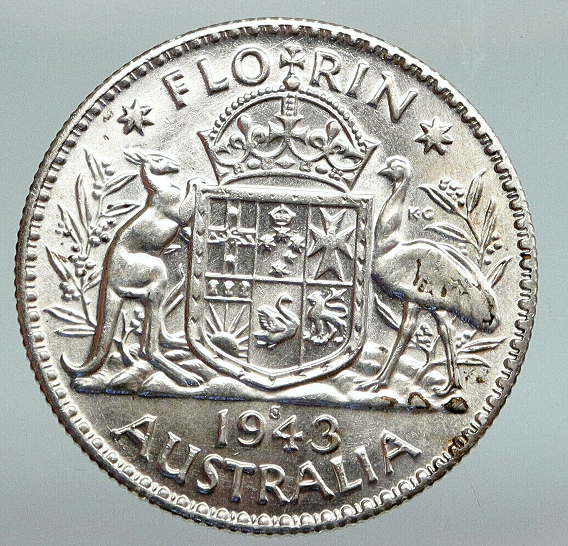 1943S AUSTRALIA Large King George VI Kangaroos Antique Silver Florin Coin i91656