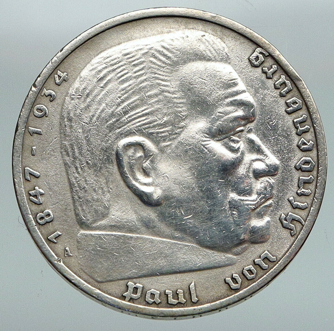 1936 A Germany 2 President Paul von Hindenburg Silver German 5 Mark Coin i91662