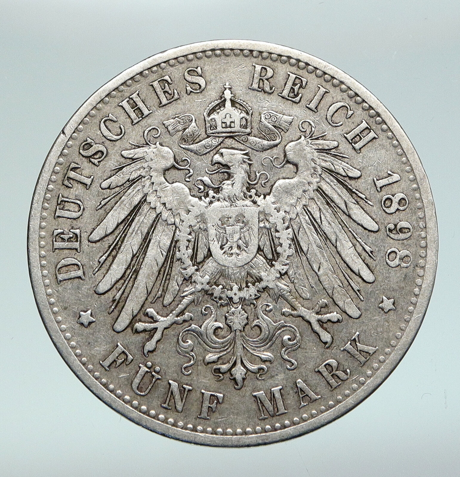 1898 GERMANY GERMAN STATES PRUSSIA WILHELM II Genuine Silver 5 Mark Coin i90988