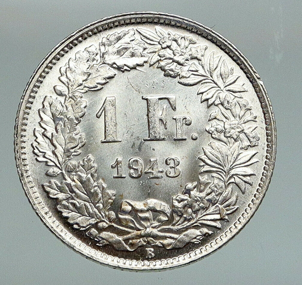 1943 B SWITZERLAND HELVETIA Symbolizes SWISS Nation SILVER 1 Franc Coin i91623