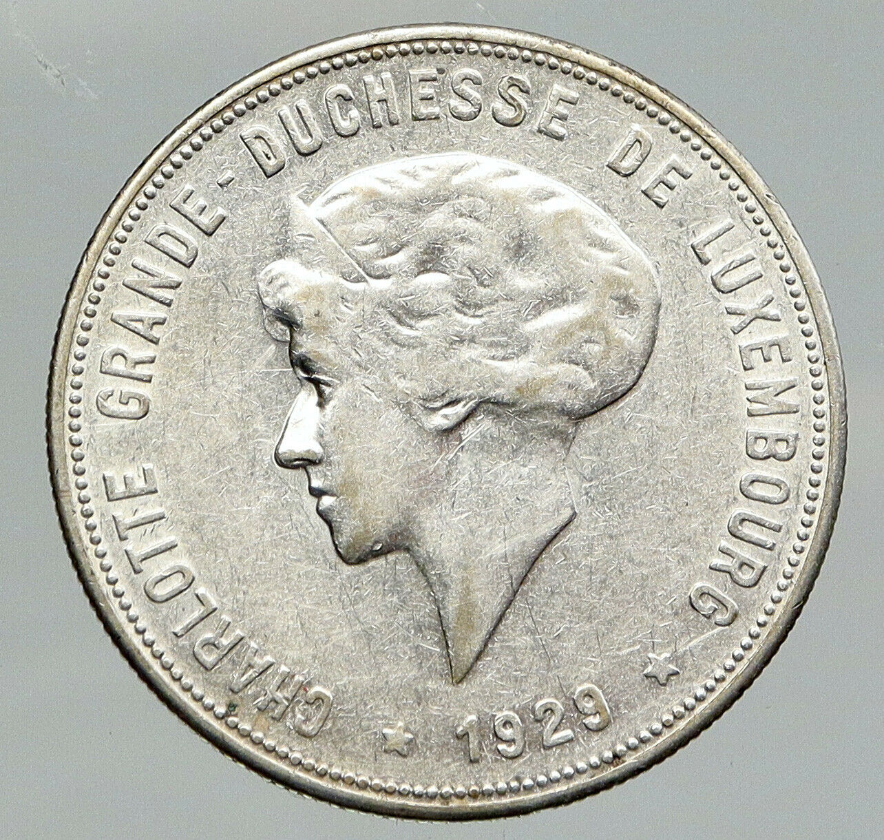 1929 LUXEMBOURG w Grand Dutchess Charlotte Antique Silver 10 Francs Coin i91777