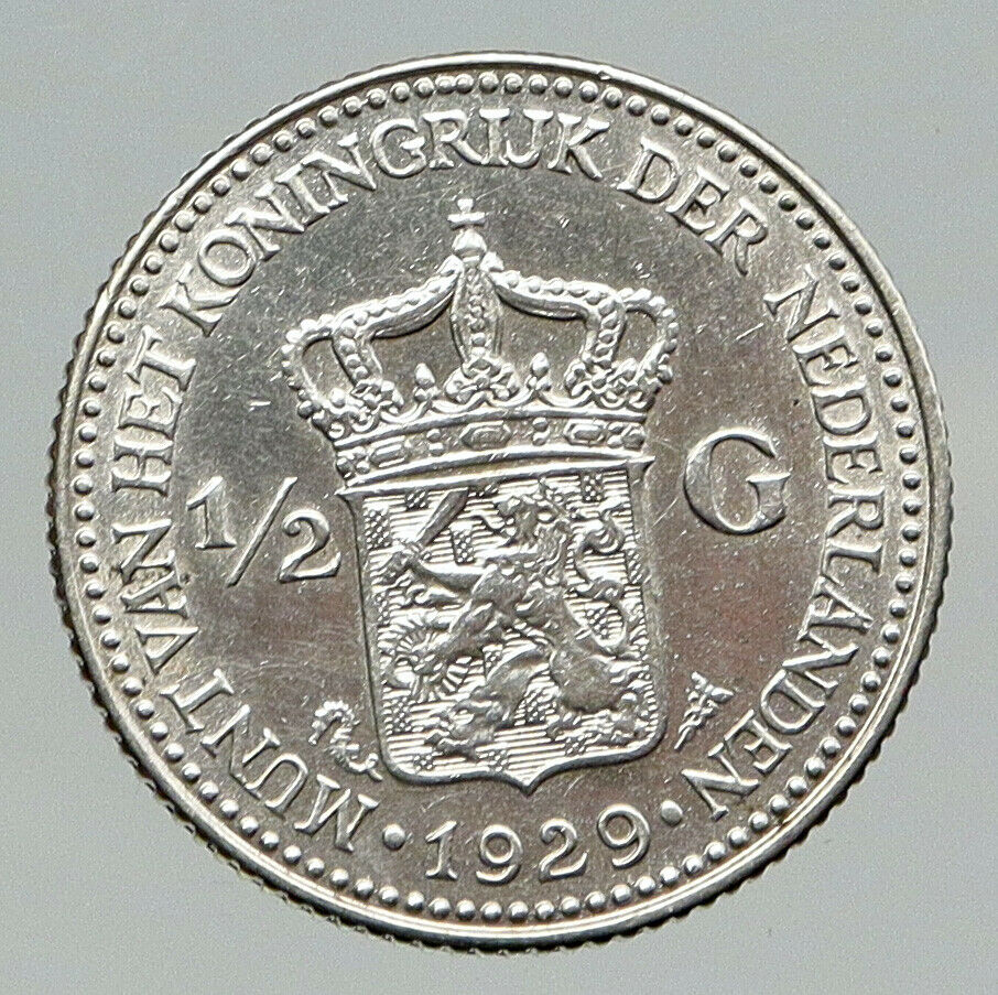 1929 Netherlands Kingdom Queen WILHELMINA Old 1/2 Half Gulden Silver Coin i91787