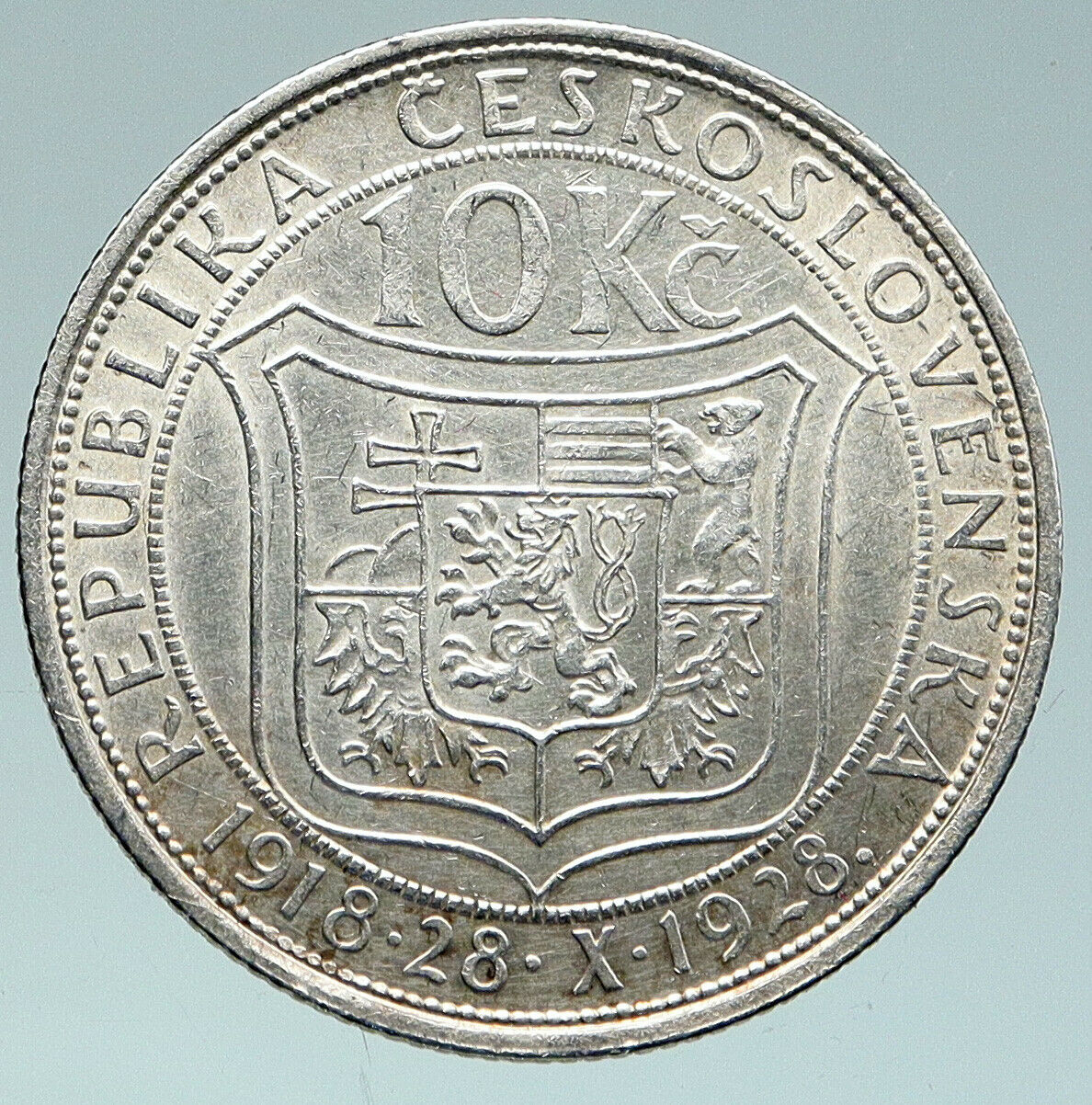 1928 CZECHOSLOVAKIA President Masaryk Genuine Silver 10 Korun Coin i91518