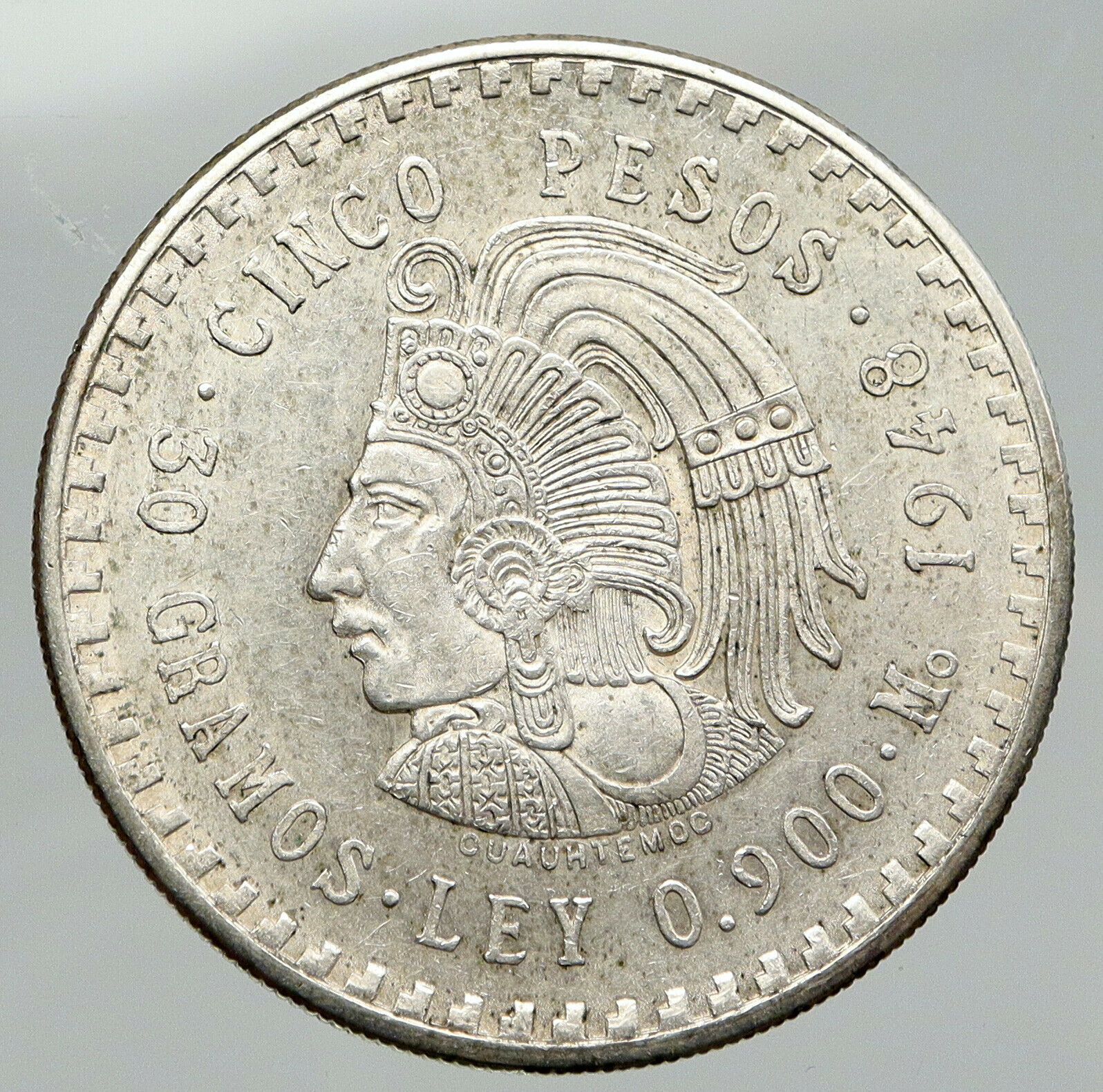 1948 MEXICO Aztec Chieftain CUAUHTEMOC Eagle VINTAGE Silver 5 Peso Coin i91781