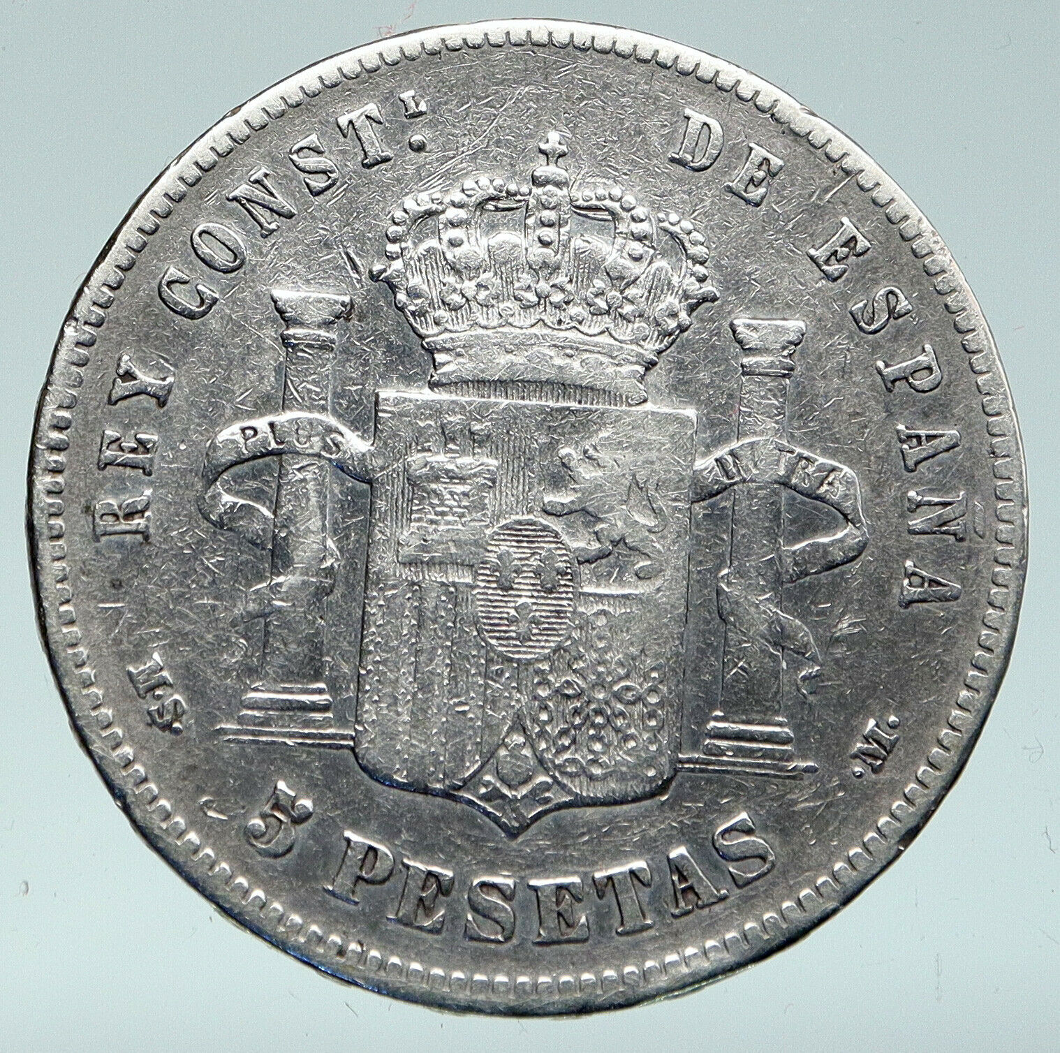 1885 SPAIN w King ALFONSO XII Antique OLD SPANISH Silver 5 Pesetas Coin i91528