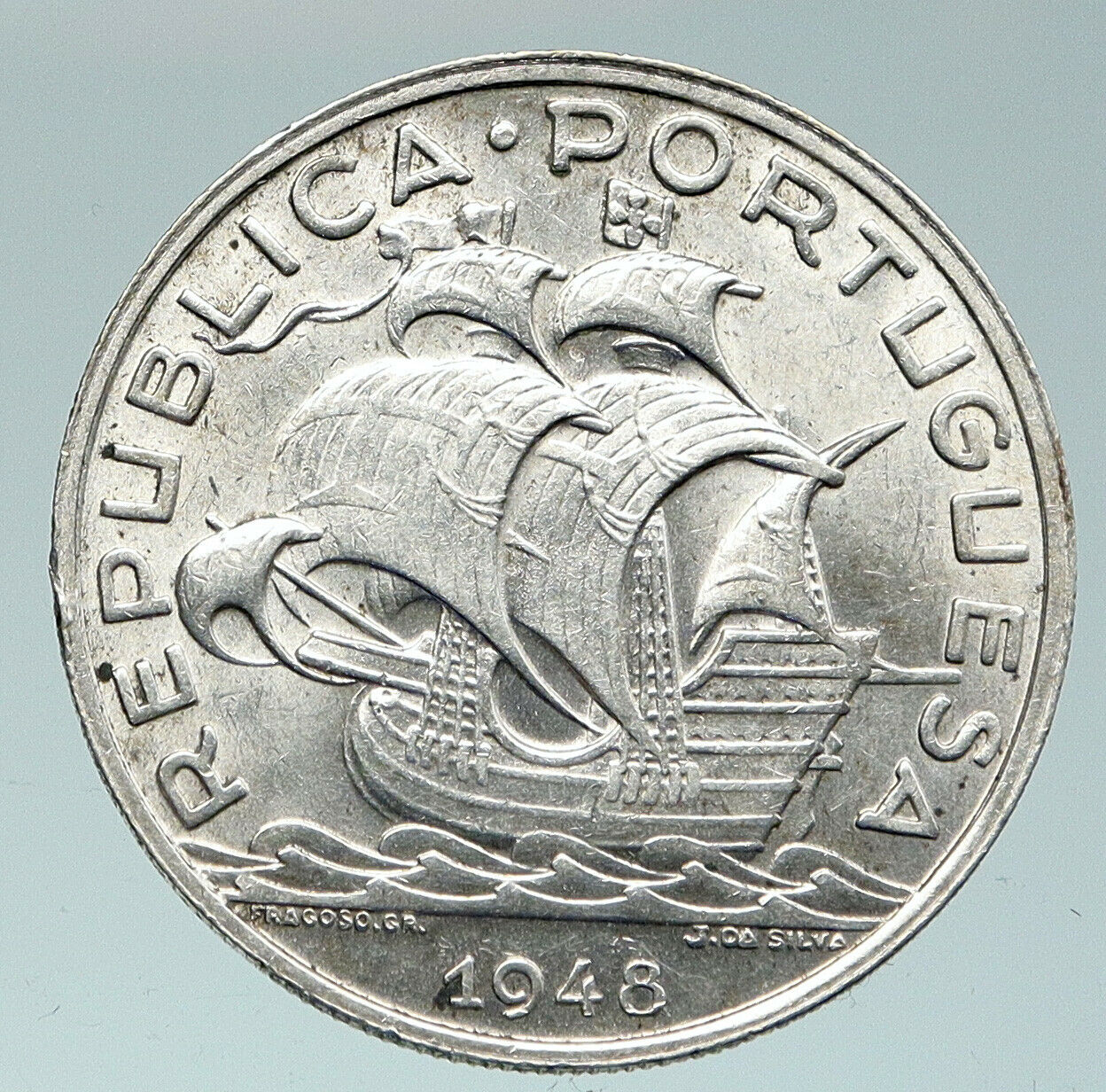 1948 PORTUGAL with PORTUGUESE SAILING SHIP Vintage Silver 10 Escudos Coin i91512