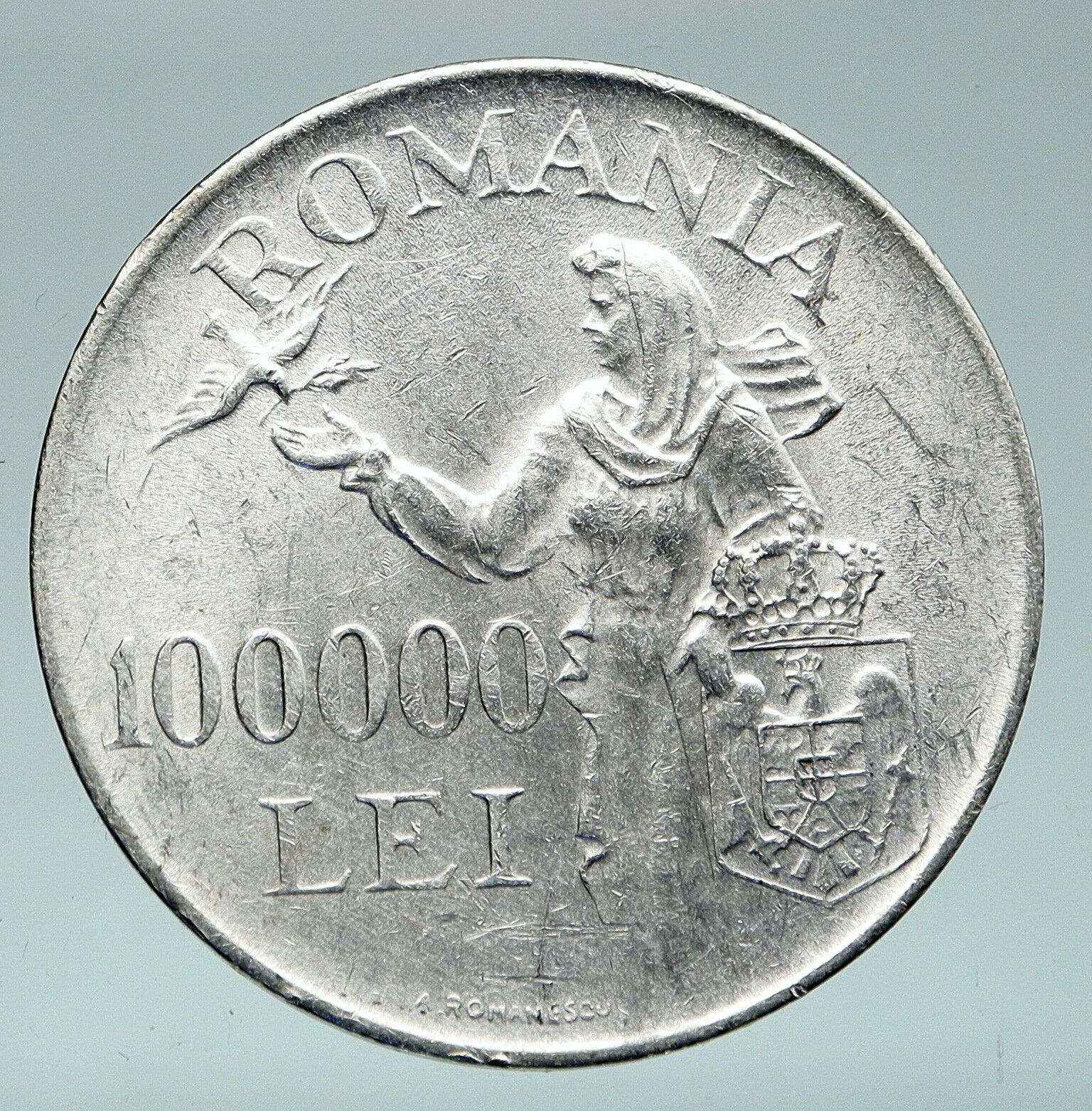 1946 ROMANIA Michael I Romanian Lady Bird Antique Silver 100000 Lei Coin i91523