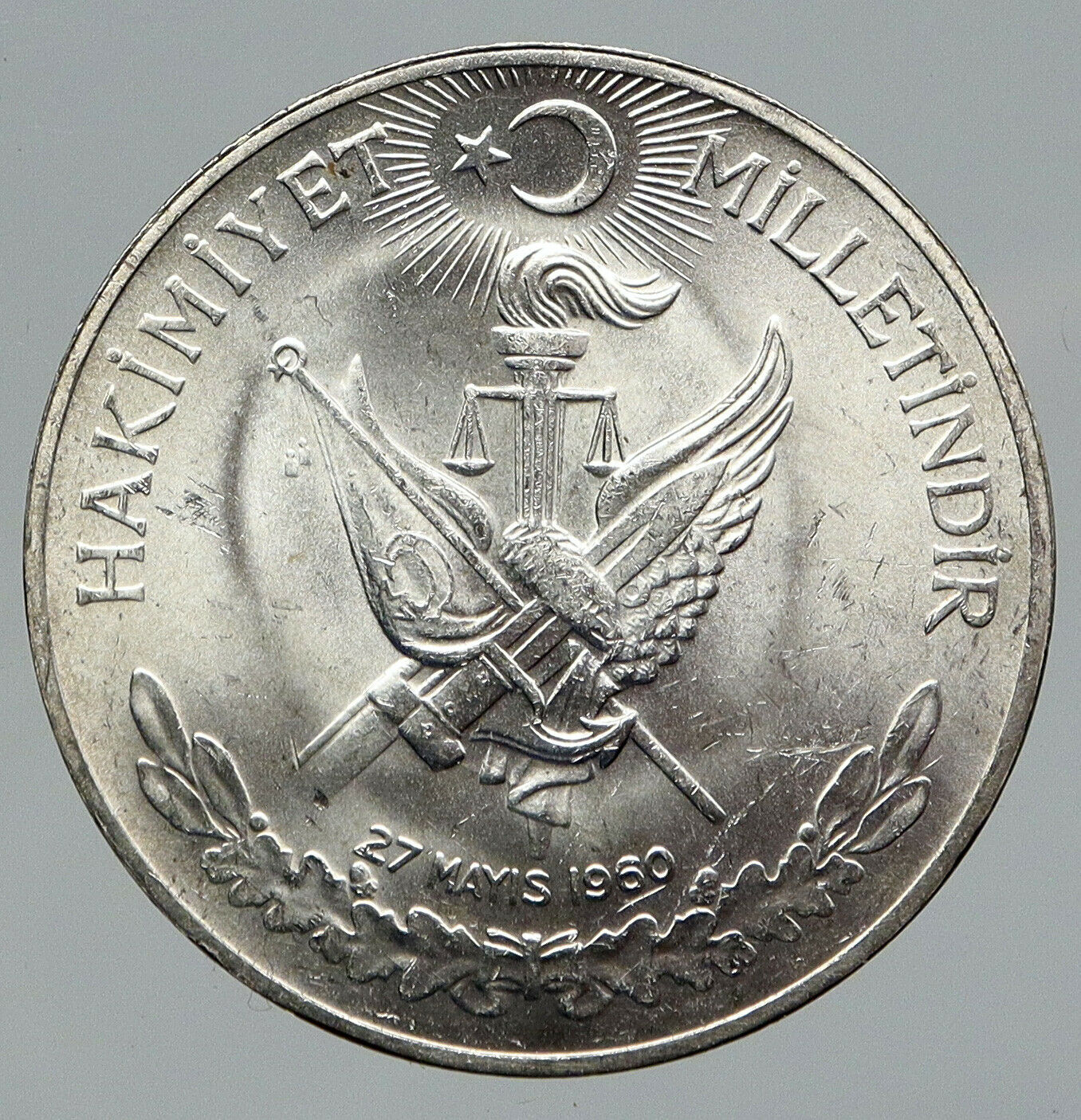 1960 Turkey 27 May REVOLUTION - Silver 10 Lira Coin Mustafa Kemal Atatürk i91735