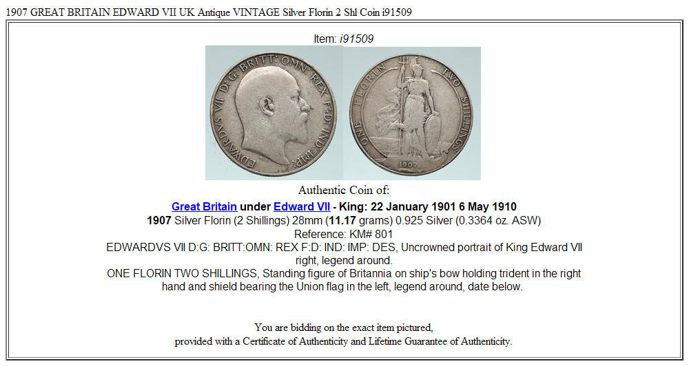 1907 GREAT BRITAIN EDWARD VII UK Antique VINTAGE Silver Florin 2 Shl Coin i91509