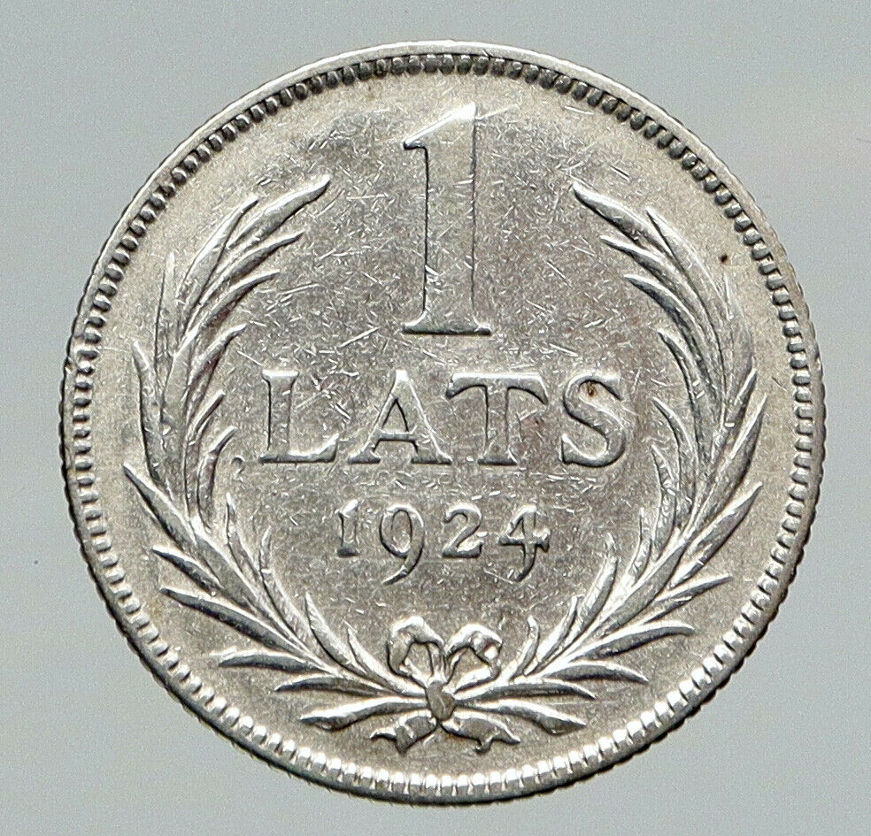 1924 LATVIA Lions & Shield ANTIQUE Vintage OLD Silver European Lats Coin i91752