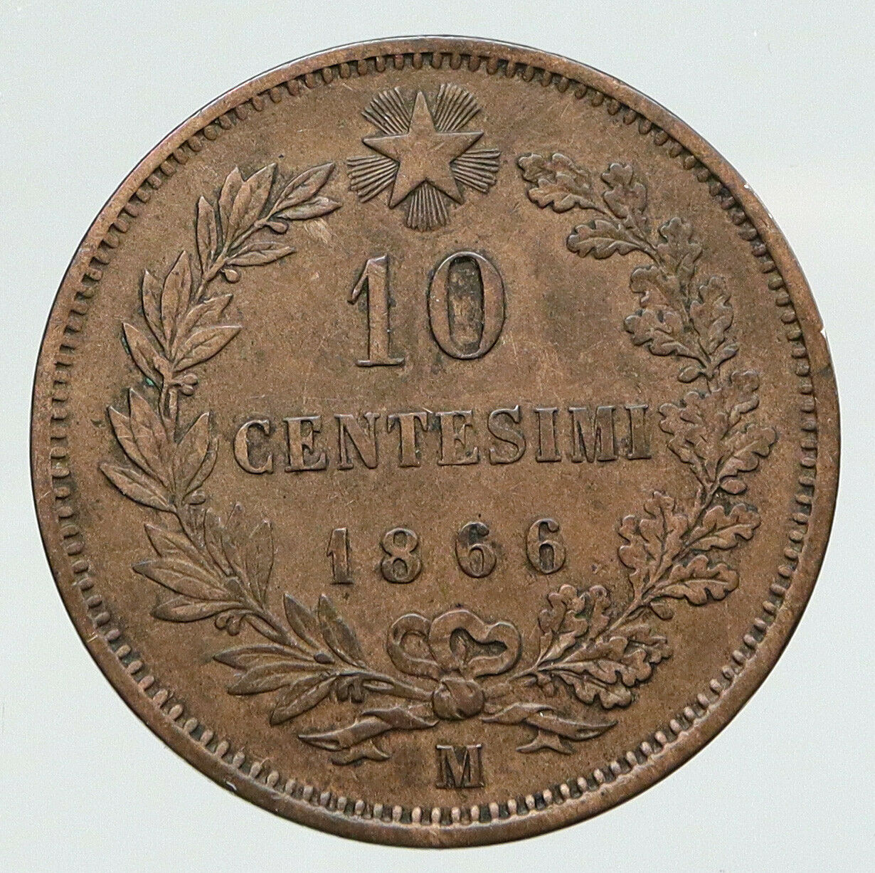 1866 M ITALY King Victor Emmanuel II Antique ITALIAN 10 Centesimi Coin i91753