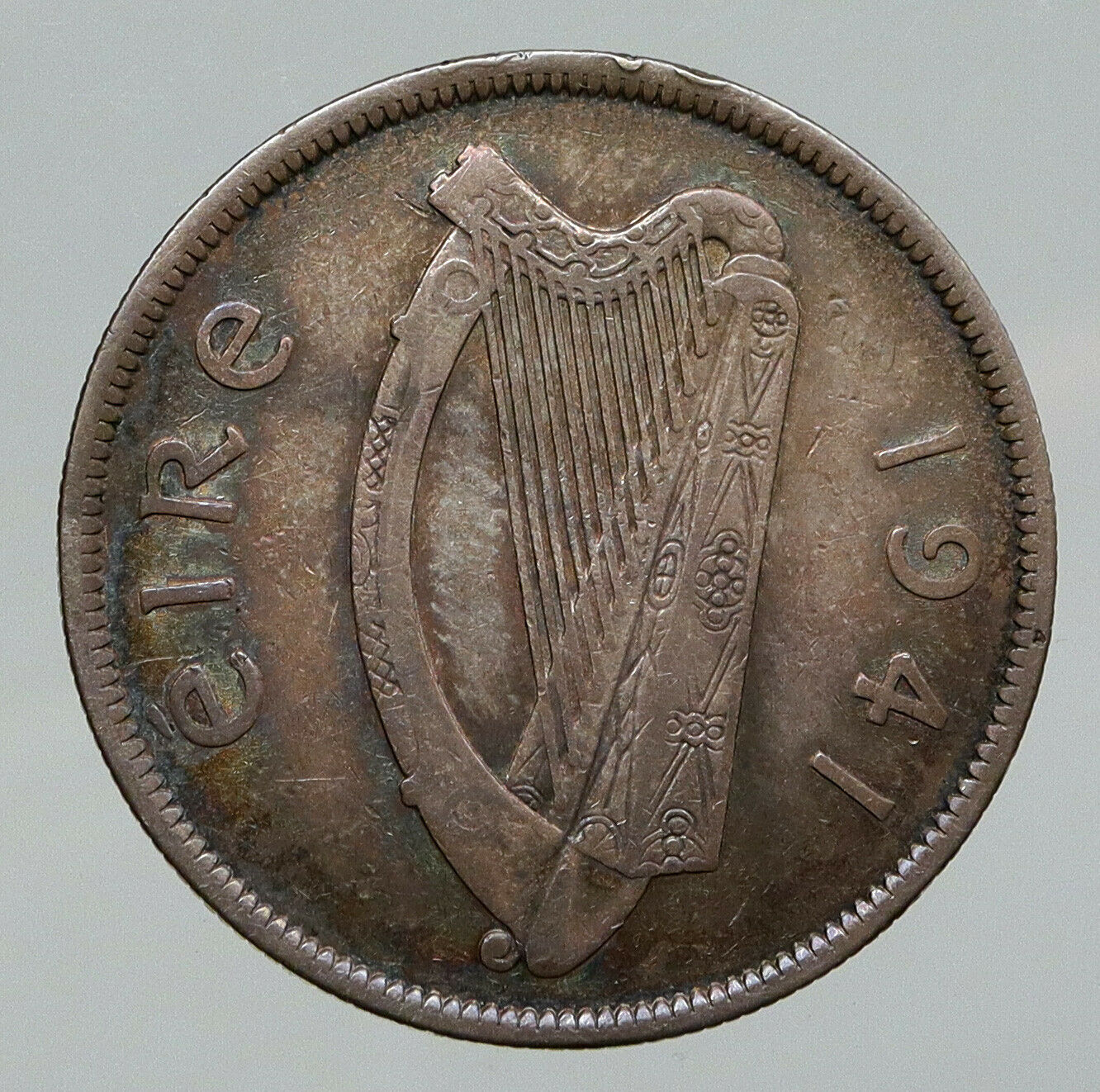 1941 IRELAND HORSE LYRE HARP Vintage Genuine Silver 1/2 Crown IRISH Coin i91761