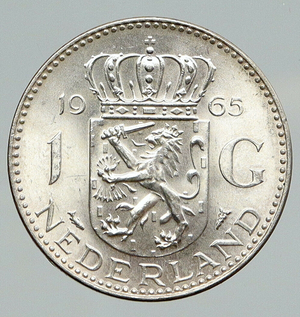 1965 NETHERLANDS Kingdom Queen JULIANA Vintage OLD Silver 1 Gulden Coin i91755