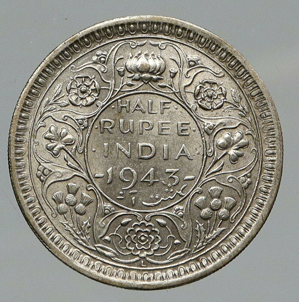 1943L INDIA States UK King George VI ANTIQUE Silver 1/2 RUPEE Indian Coin i91774