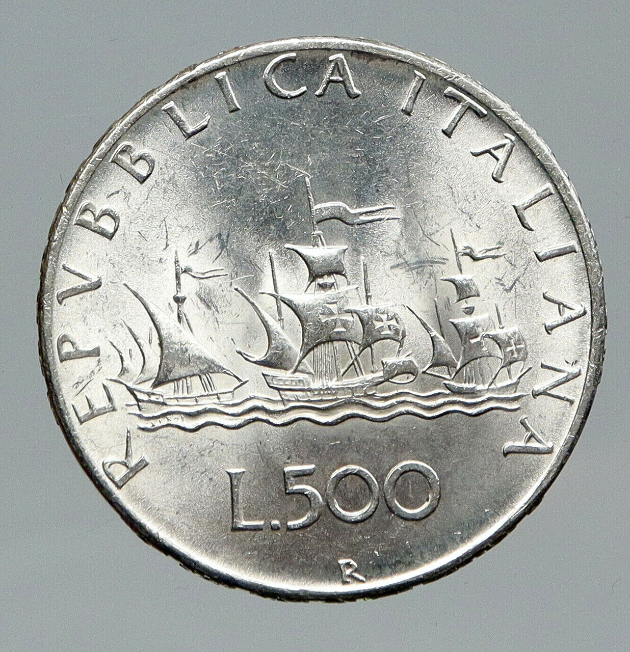 1966 ITALY CHRISTOPHER COLUMBUS Ship DISCOVER America SILVER 500Lire Coin i91727