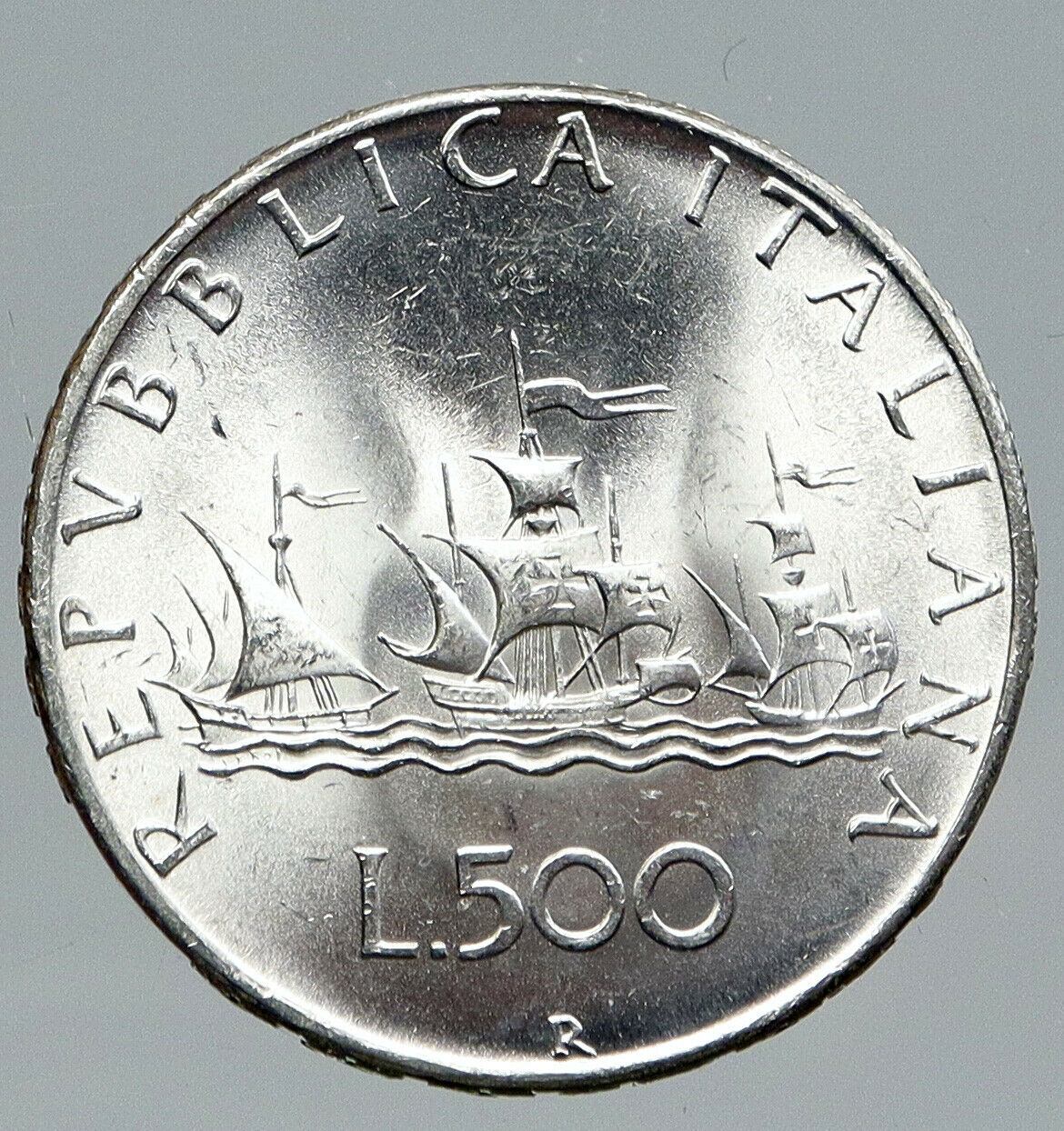 1966 ITALY CHRISTOPHER COLUMBUS Ship DISCOVER America SILVER 500Lire Coin i91721