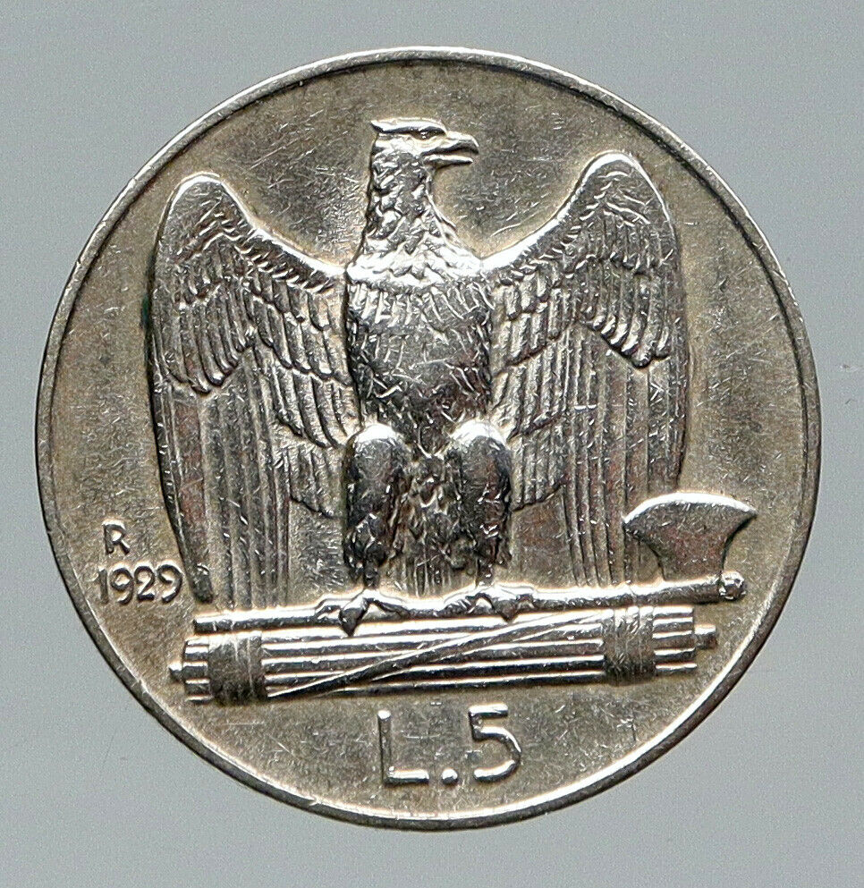 1929 ITALY King Victor Emmanuel III Silver 5 Lire Italian Coin w EAGLE i91726