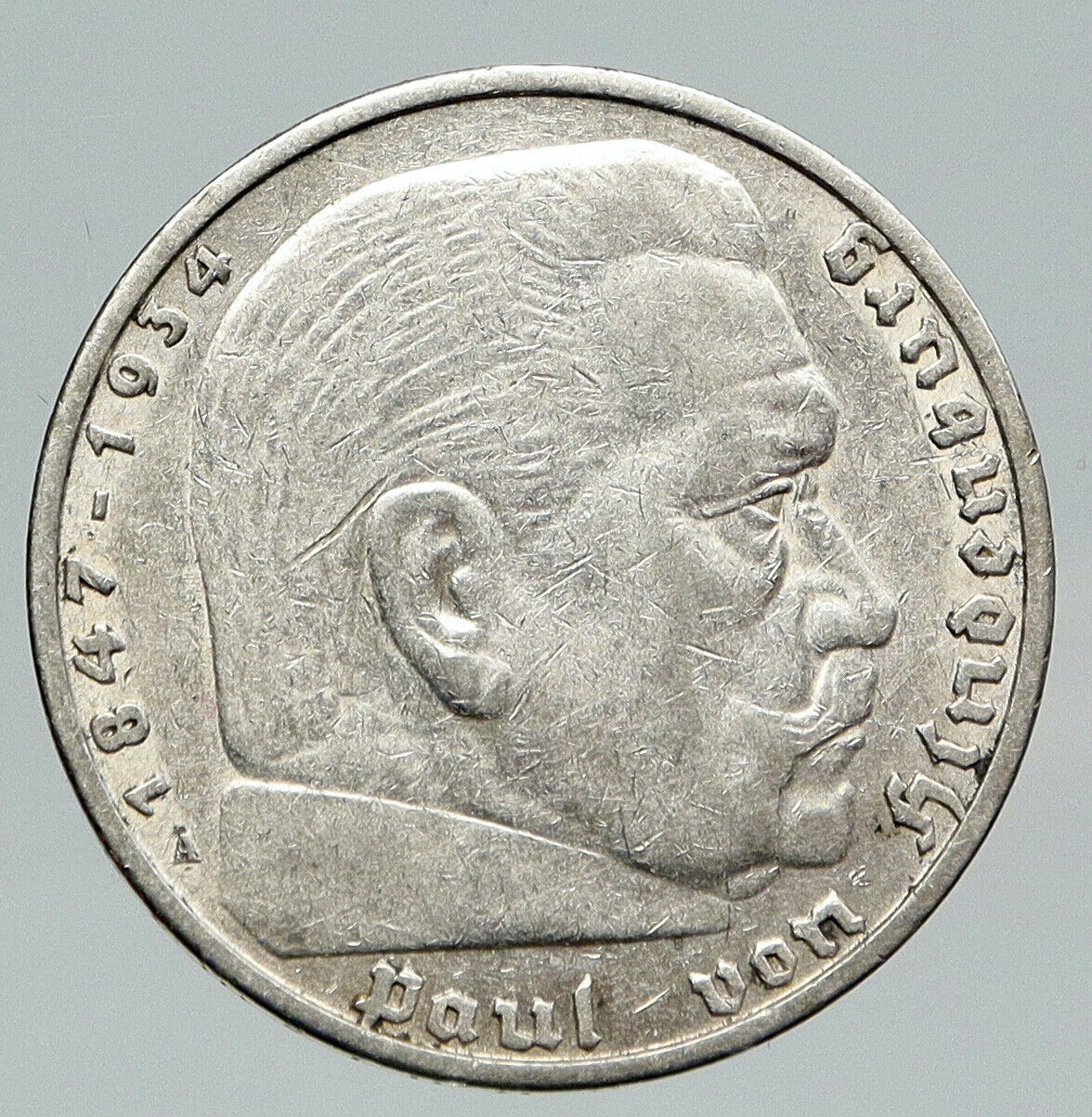 1936 A Germany 2 President Paul von Hindenburg Silver German 5 Mark Coin i91724