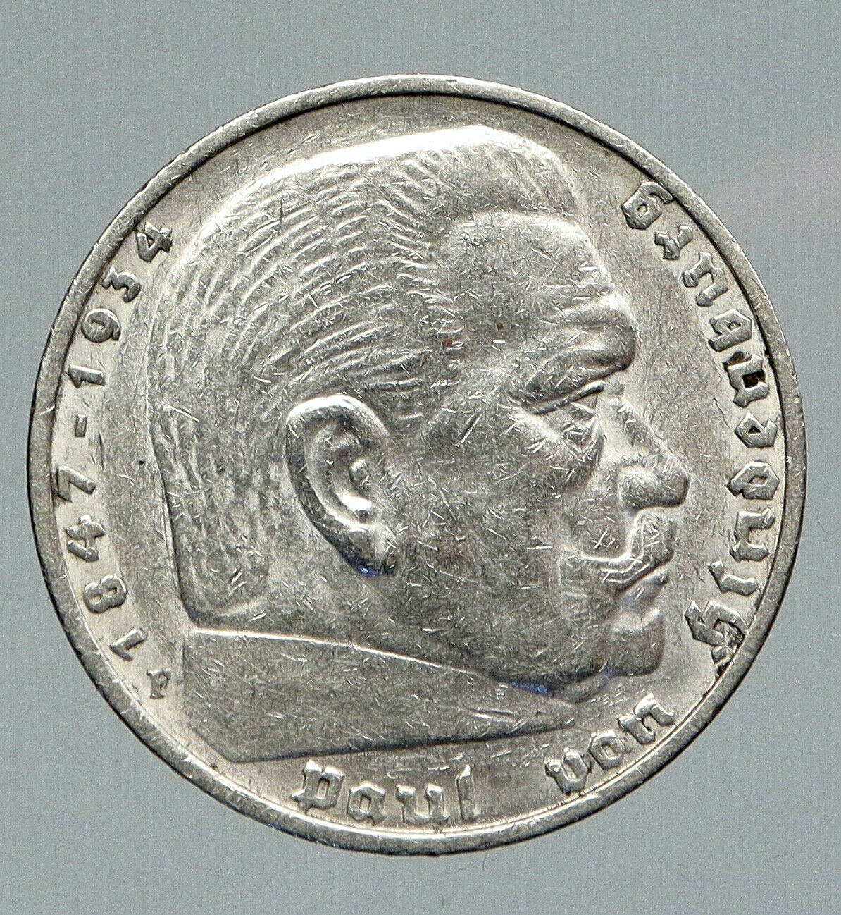 1935F Germany 2nd President Paul von Hindenburg Silver German 5 Mark Coin i91728