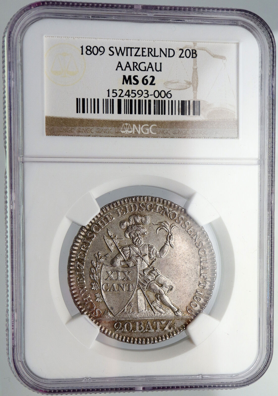 1809 SWITZERLAND AARGAU Large Antique OLD Swiss Silver 20 Batzen Coin NGC i90651