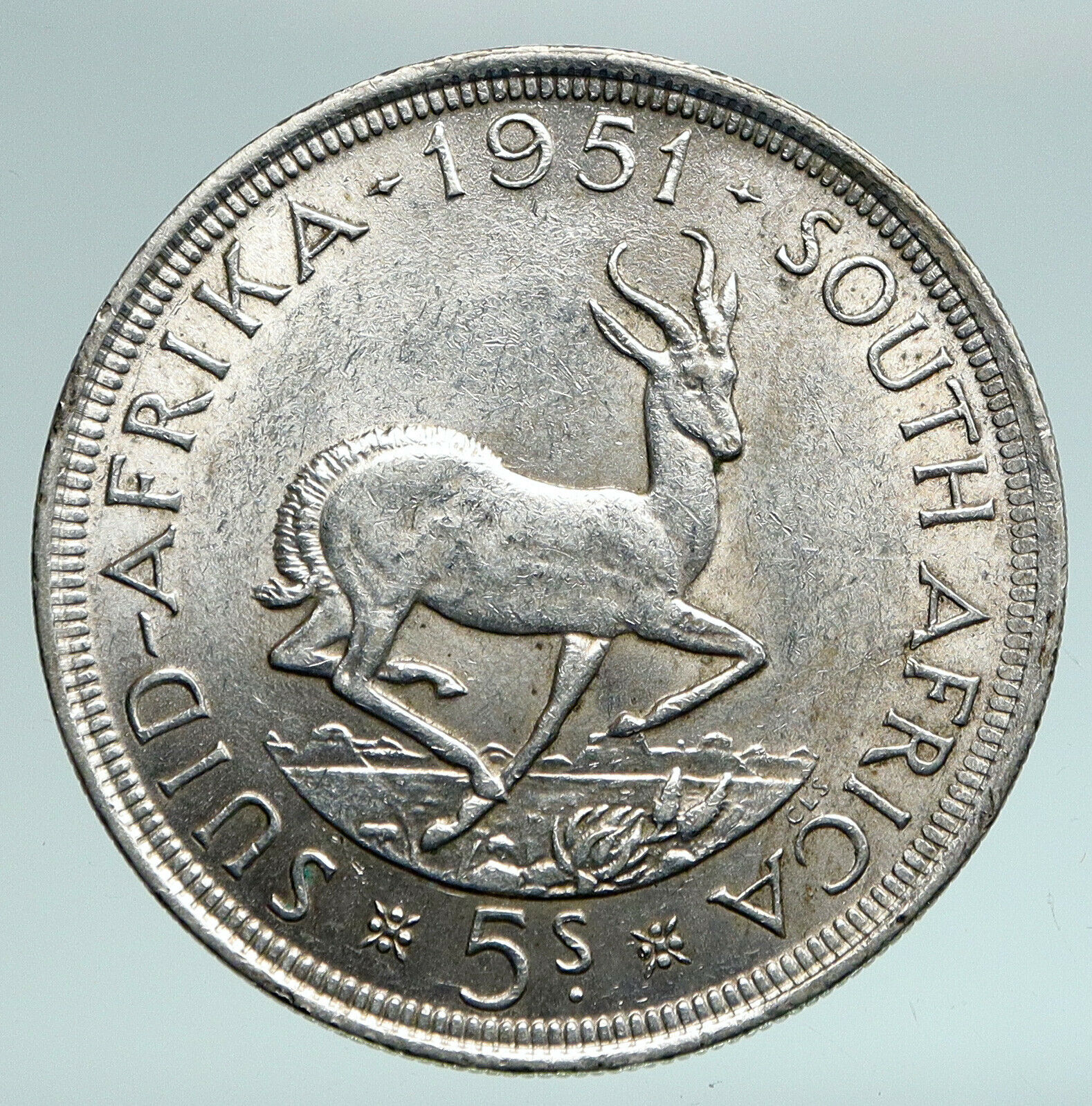 1951 SOUTH AFRICA George VI SPRINGBOK Deer Silver 5 Shillings LARGE Coin i90965