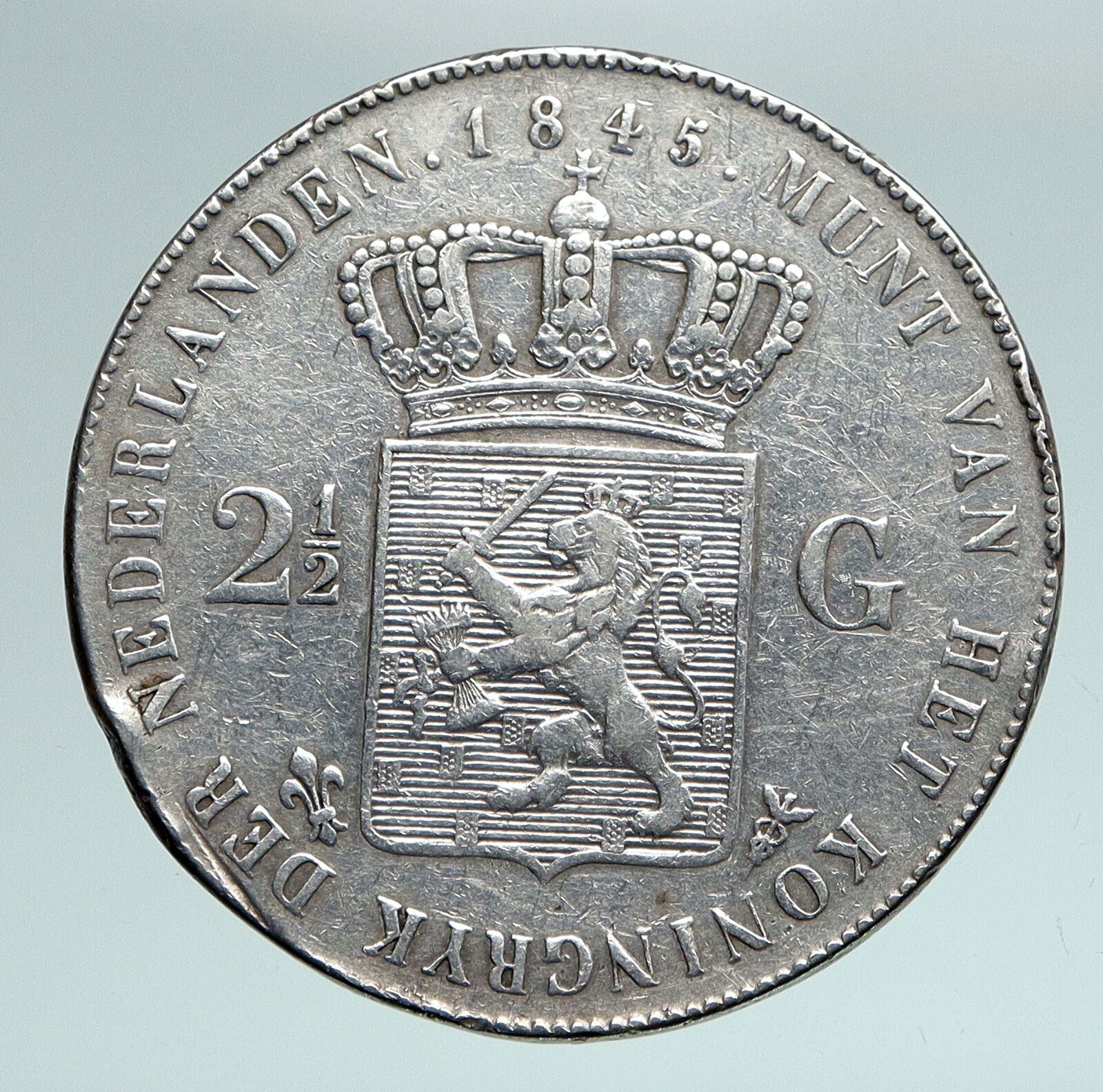 1845 Netherlands King WILLIAM II Wreath ANTIQUE Silver 2 1/2 Gulden Coin i90969