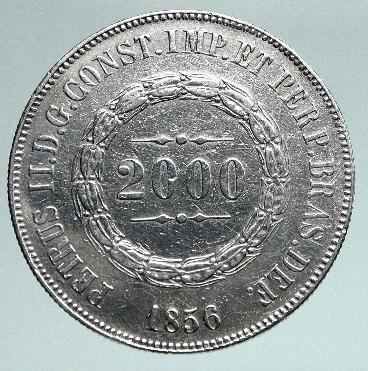 1856 BRAZIL w King Dom Pedro II Antique Brazilian Silver 2000 Reis Coin i90970