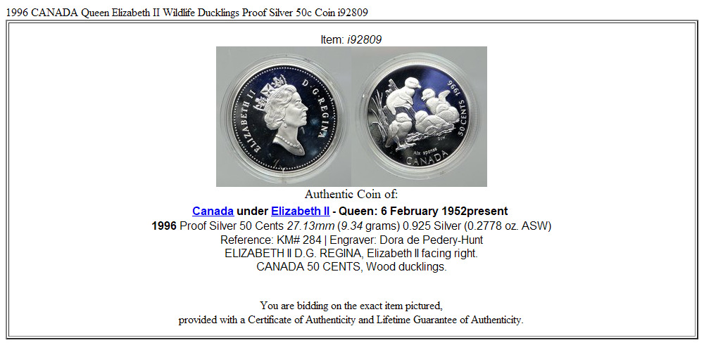 1996 CANADA Queen Elizabeth II Wildlife Ducklings Proof Silver 50c Coin i92809