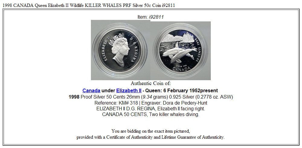 1998 CANADA Queen Elizabeth II Wildlife KILLER WHALES PRF Silver 50c Coin i92811