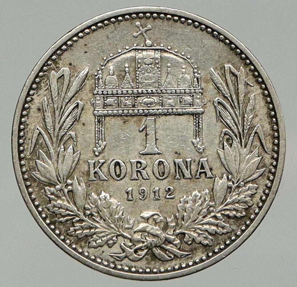 1912 HUNGARY w King Franz Joseph I Hungarian Antique Silver Korona Coin i92862