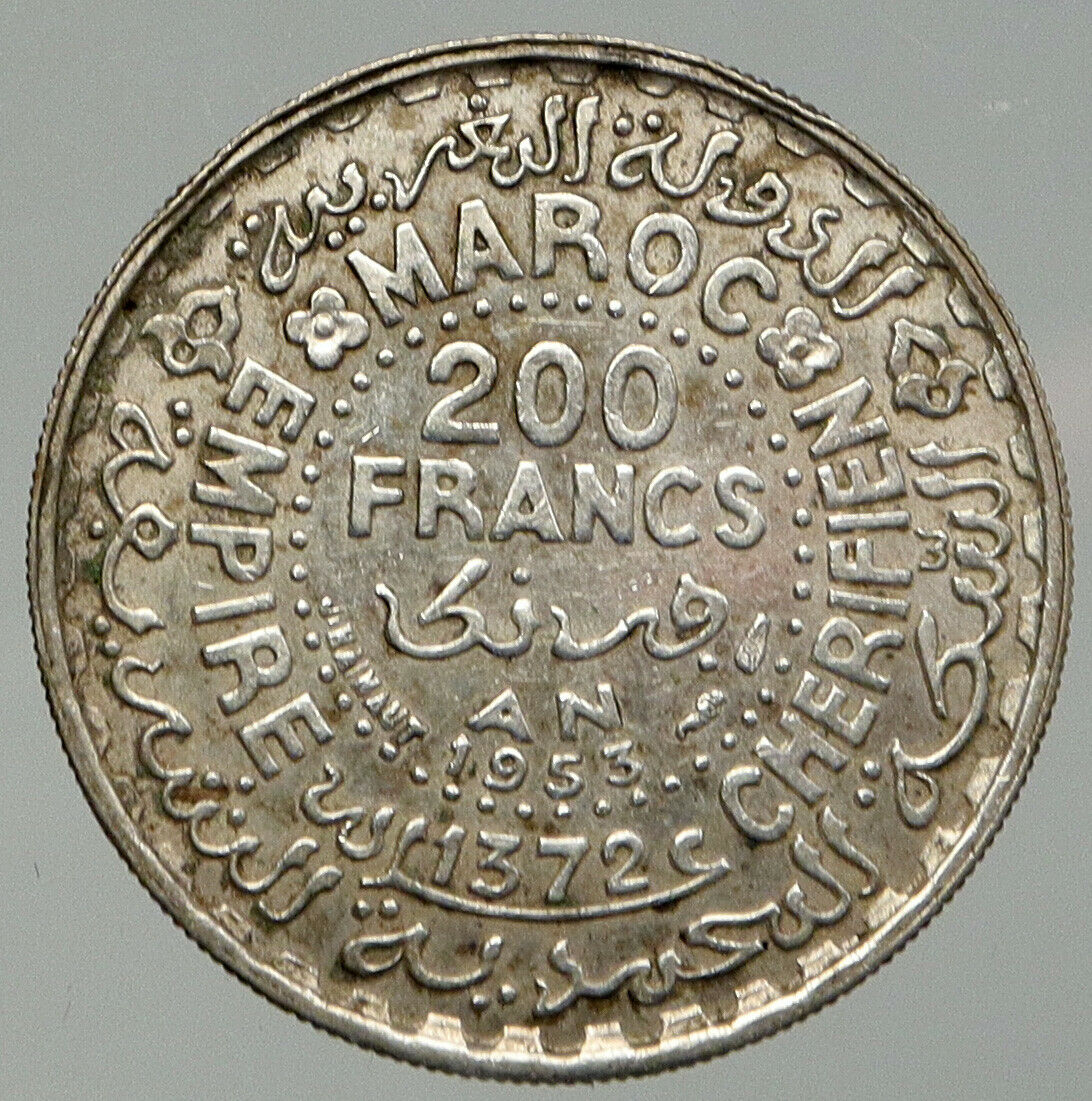 1953 1372 AH MOROCCO King Mohammed V Star & Crown Genuine 200 Franc Coin i92917