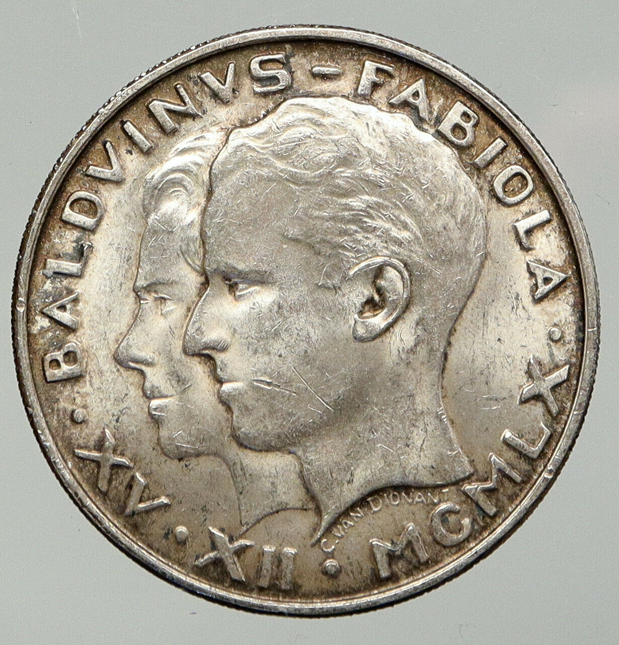 1960 BELGIUM King Baudouin I Marriage Queen Fabiola Silver 50 Francs Coin i92870