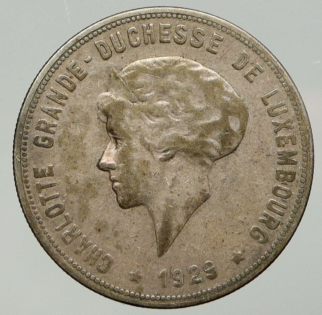 1929 LUXEMBOURG w Grand Dutchess Charlotte Antique Silver 10 Francs Coin i92872